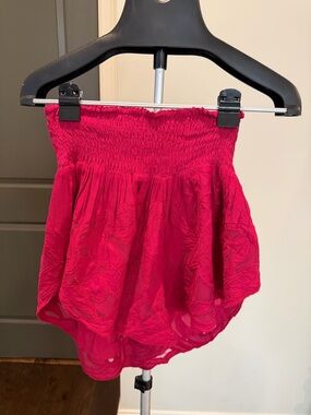 Free People Fuchsia Smocked High-Waist Lace Shorts